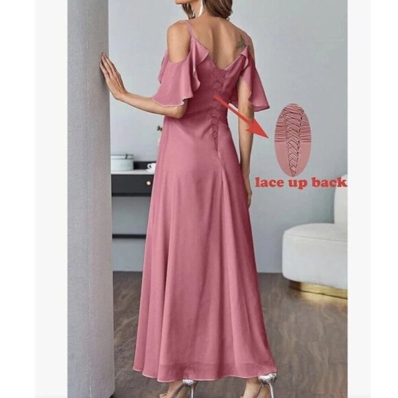 ABC DRESS Flutter-Sleeve Chiffon Formal Gown Maxi-Dress, Coral Pink - Picture 3 of 4